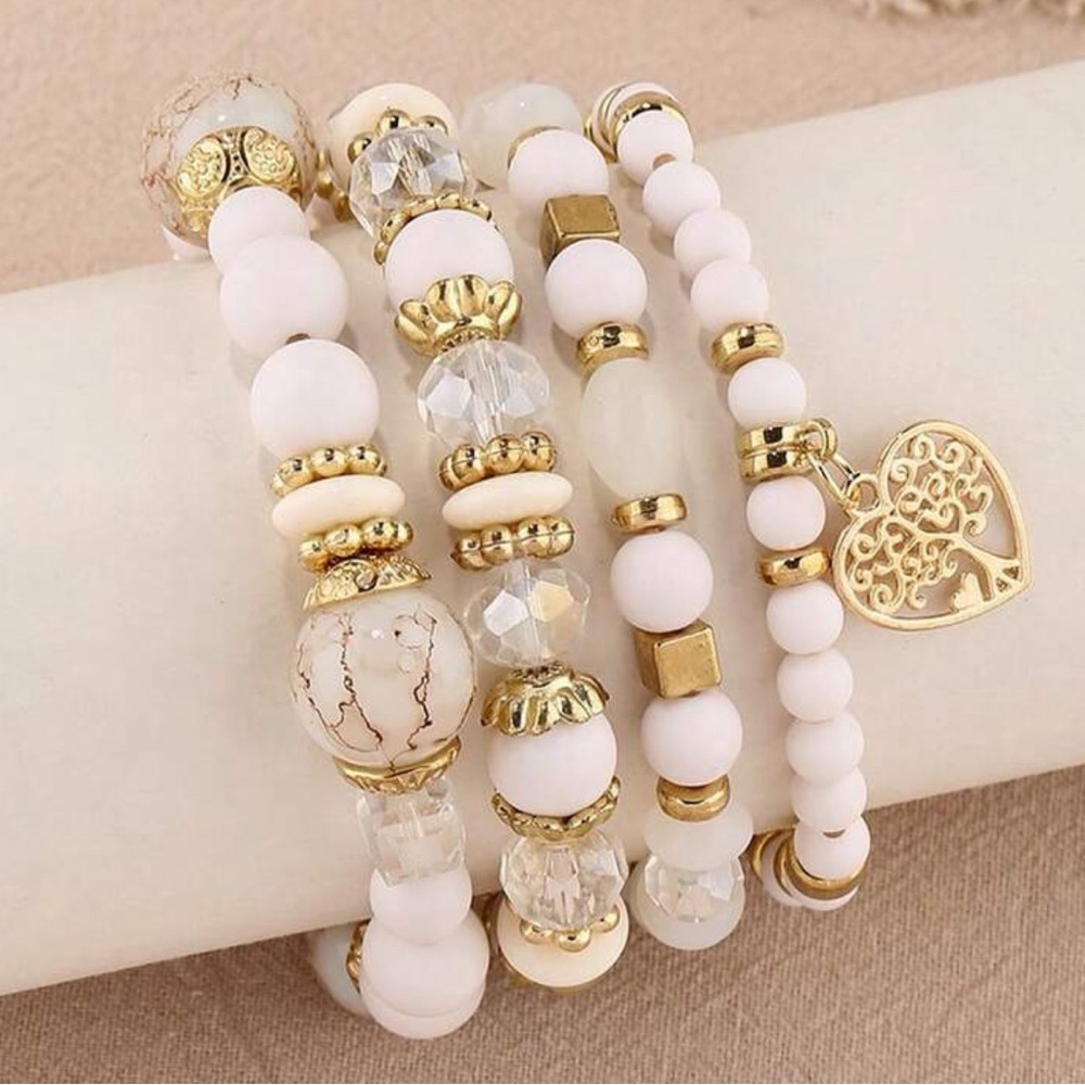 Elegant Gold and White Beaded Bracelet Set - Picture 3 of 5